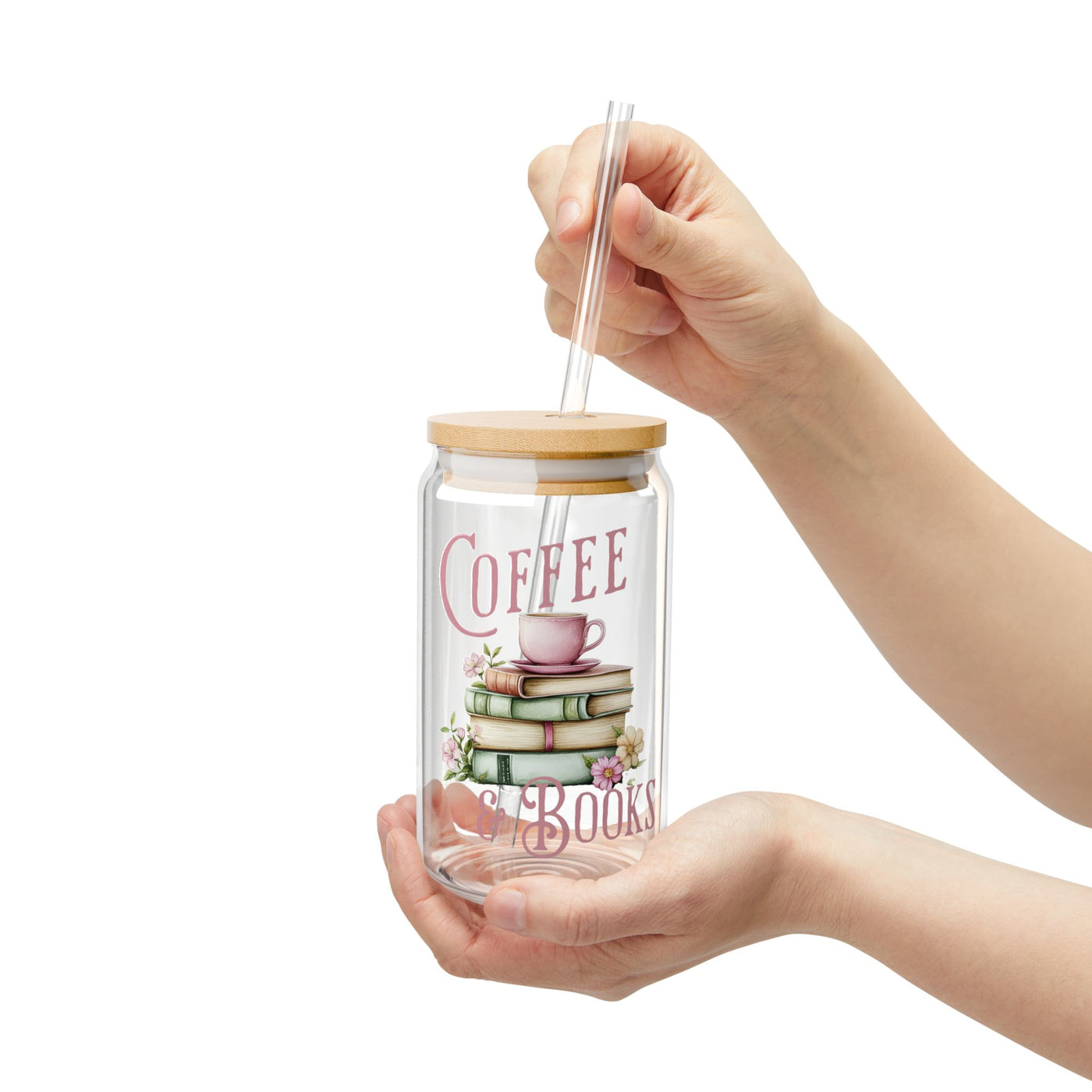 Coffee and Books Cup (Glass Can with Lid and Straw)