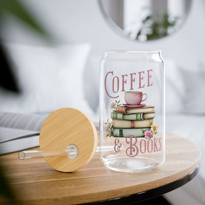 Coffee and Books Cup (Glass Can with Lid and Straw)