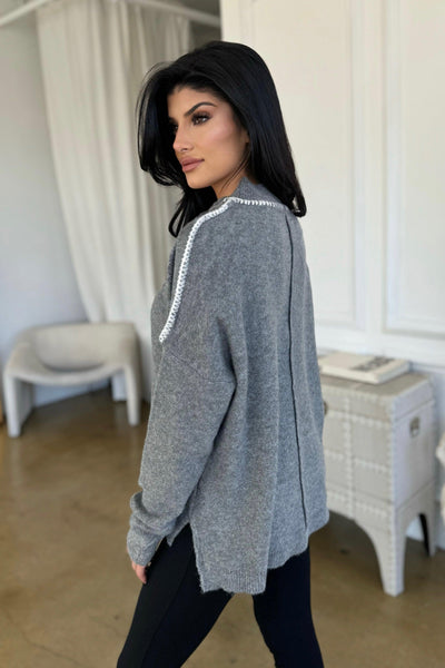 AUGUSTINE SWEATER , SWEATER , It's NOMB , grey sweater with white contrast stitch, GREY TURTLENECK SWEATER, mockneck sweater , It's NOMB , itsnomb.com