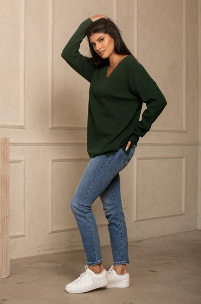 JENNA SWEATER (AVAILABLE S-XL) , SWEATER , It's NOMB , FOREST GREEN VNECK SWEATER, HUNTER GREEN VNECK SWEATER, waffle knit vneck sweater , It's NOMB , itsnomb.com