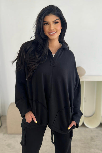 LALA SWEATSHIRT , SWEATER , It's NOMB , ATHLEISURE, black sweater, BLACK VNECK SWEATSHIRT, collared sweater, COLLARED SWEATSHIRT, COMFY LOUNGEWEAR , It's NOMB , itsnomb.com
