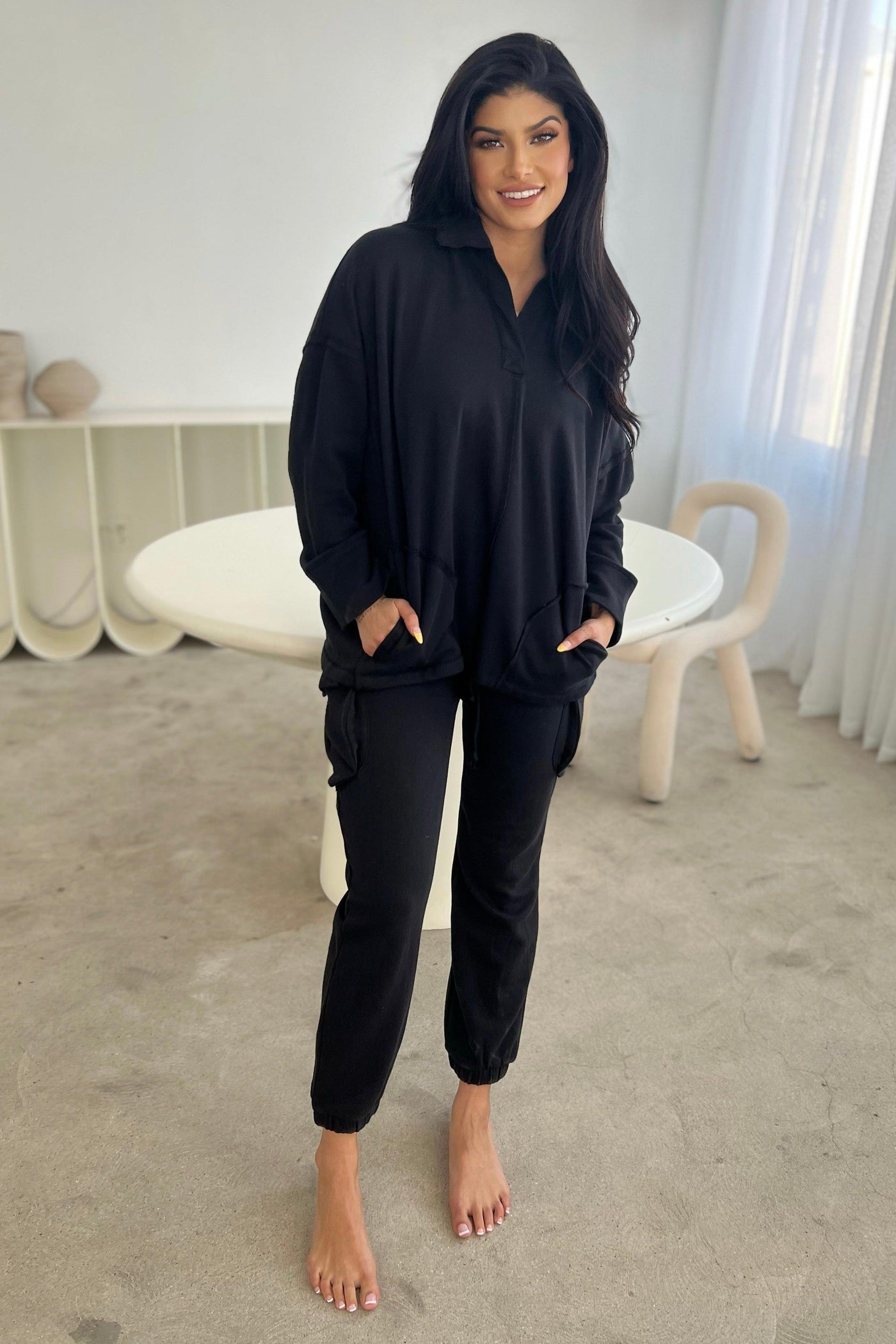 LALA SWEATSHIRT , SWEATER , It's NOMB , ATHLEISURE, black sweater, BLACK VNECK SWEATSHIRT, collared sweater, COLLARED SWEATSHIRT, COMFY LOUNGEWEAR , It's NOMB , itsnomb.com