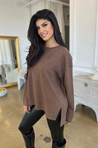 LATTE SWEATER , SWEATER , It's NOMB , brown sweater, CREW NECK DRESSY SWEATER, DRESSY SWEATER, DROP SHOULDER SWEATER, SWEATER WITH SIDE SLITS , It's NOMB , itsnomb.com
