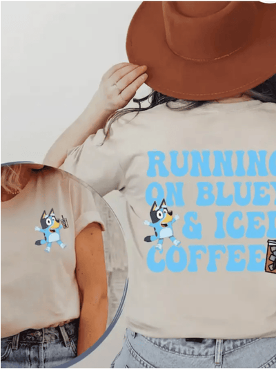 RUNNING ON BLUEY & ICED COFFEE TEE , T-SHIRT , It's NOMB , BLUEY GRAPHIC TEE, CASUAL T-SHIRT, graphic t-shirt, it's nomb the label, RUNNING ON BLUEY AND ICED COFFEE T-SHIRT, T-SHIRT, T-SHIRTS , It's NOMB , itsnomb.com
