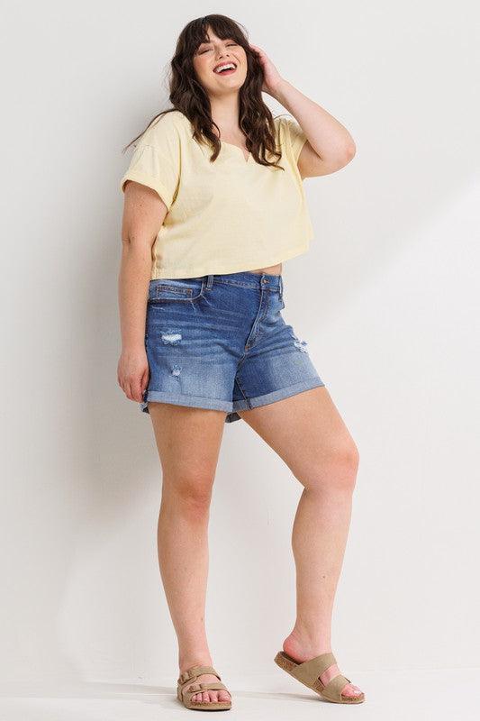 SHE'S GOT IT SHORTS (AVAILABLE IN PLUS) , Shorts , It's NOMB , BLUE JEAN SHORTS, CUFFED DENIM SHORTS, CUFFED JEAN SHORTS, CUFFED SHORTS, DENIM SHORTS, JEANS SHORTS, SHORTS , It's NOMB , itsnomb.com