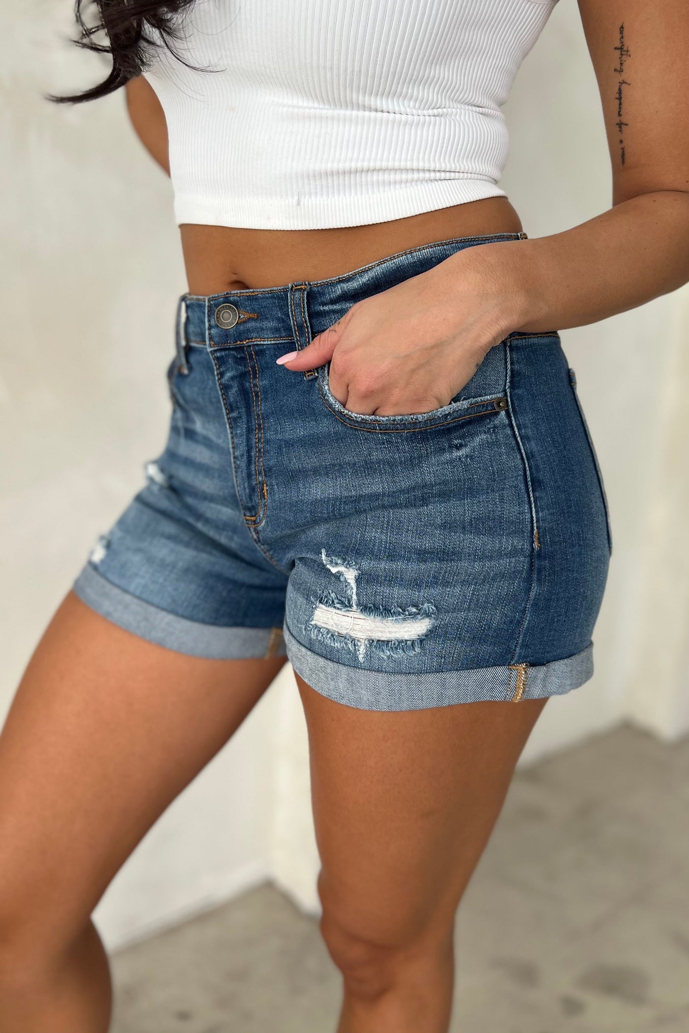 SHE'S GOT IT SHORTS (AVAILABLE IN PLUS) , Shorts , It's NOMB , BLUE JEAN SHORTS, CUFFED DENIM SHORTS, CUFFED JEAN SHORTS, CUFFED SHORTS, DENIM SHORTS, JEANS SHORTS, SHORTS , It's NOMB , itsnomb.com
