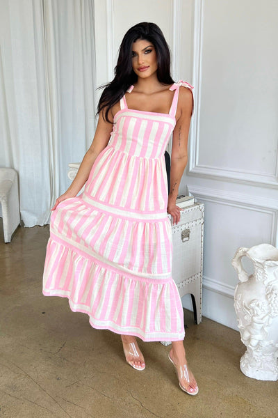 SITTING PRETTY DRESS , Dress , It's NOMB , MIDI SUMMER DRESS WITH SMOCKED BODICE, PINK AND WHITE STRIPED DRESS, STRIPED SUMMER DRESS, SUMMER DRESS , It's NOMB , itsnomb.com