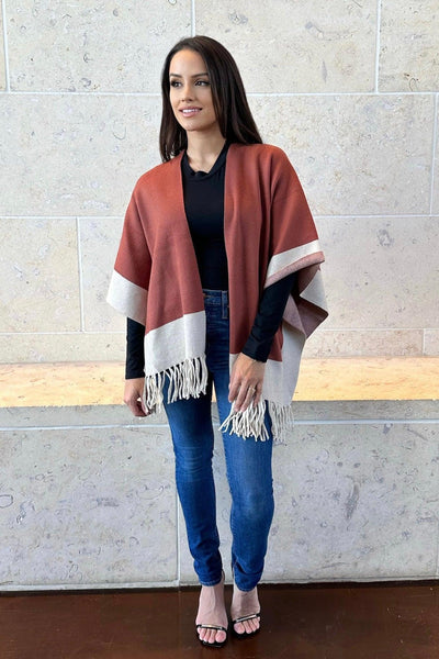 STATE OF MIND PONCHO , JACKET , It's NOMB , chocolate color poncho, color blocked poncho, it's nomb, ivory poncho, JACKETS, ONLINE BOUTIQUE, poncho, poncho sweater, poncho with fringe, rust poncho, shawl jacket, shawl sweater, state of mind poncho, sweater poncho, sweater poncho with fringe , It's NOMB , itsnomb.com