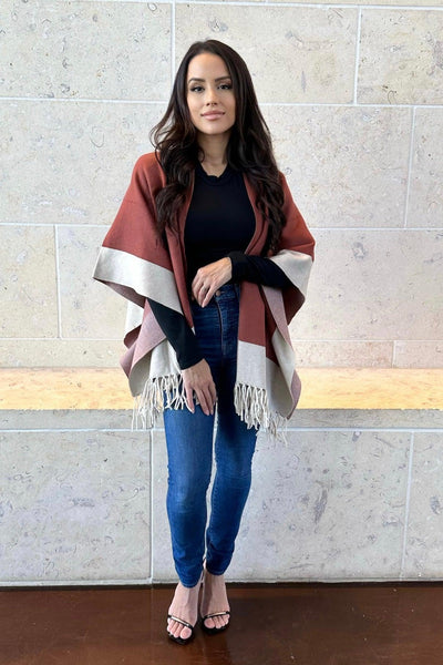 STATE OF MIND PONCHO , JACKET , It's NOMB , chocolate color poncho, color blocked poncho, it's nomb, ivory poncho, JACKETS, ONLINE BOUTIQUE, poncho, poncho sweater, poncho with fringe, rust poncho, shawl jacket, shawl sweater, state of mind poncho, sweater poncho, sweater poncho with fringe , It's NOMB , itsnomb.com