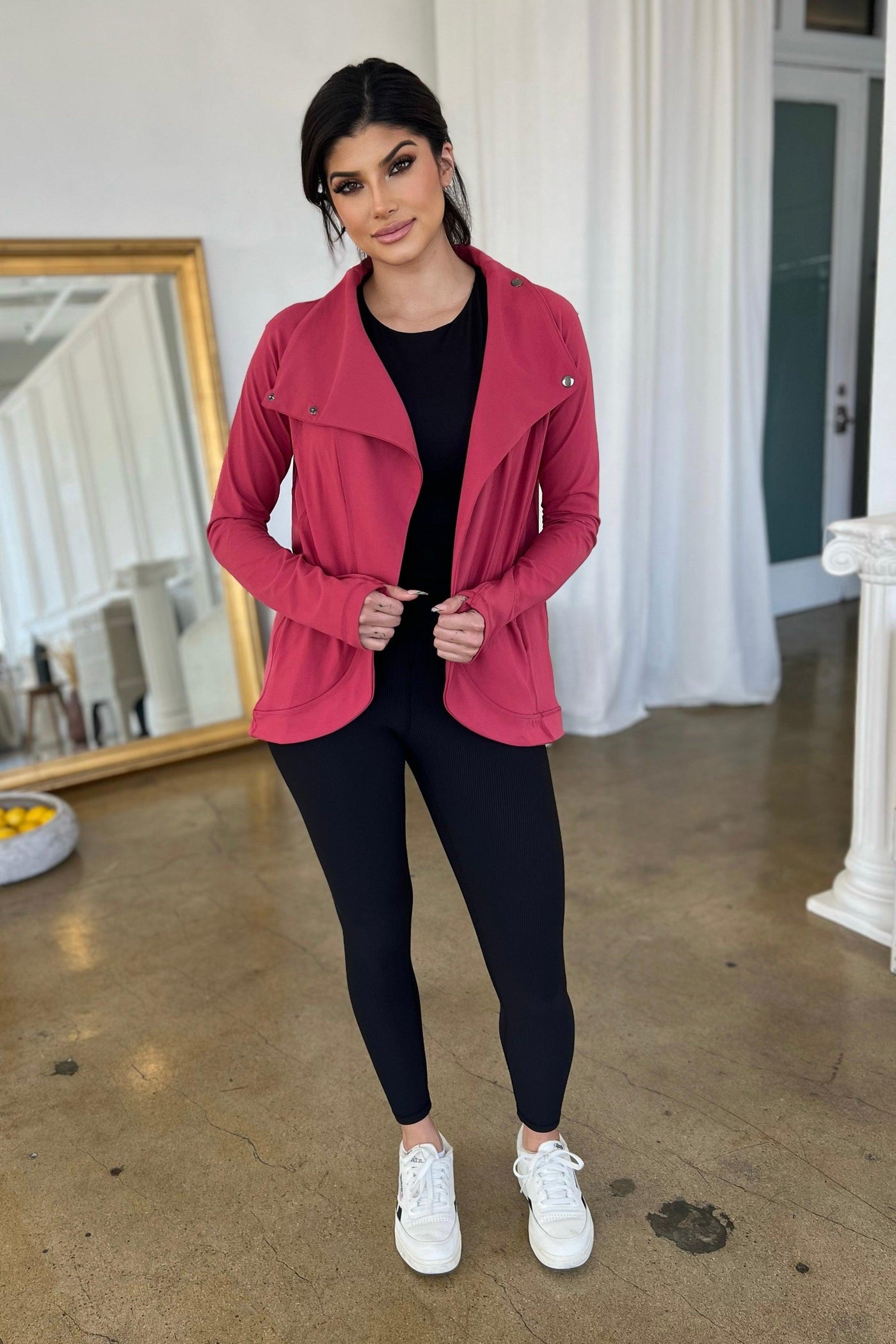 WORK HARD JACKET (PLUS AVAILABLE) , JACKET , It's NOMB , ASSYMETRICAL JACKET, ATHLEISURE JACKET, ATHLETIC JACKET, coral jacket, COWL NECK JACKET, it's nomb, it's nomb the label, red jacket , It's NOMB , itsnomb.com